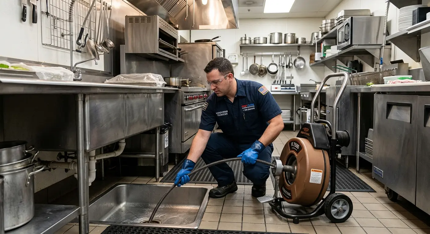 Commercial drain cleaning service in a restaurant kitchen in Kosciusko