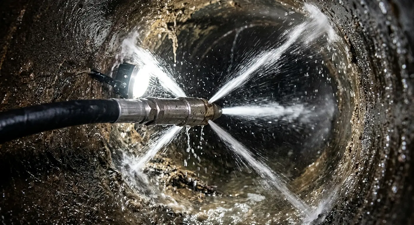High-pressure hydro jetting nozzle cleaning sewer pipe for Emergency Drain Service in Kosciusko