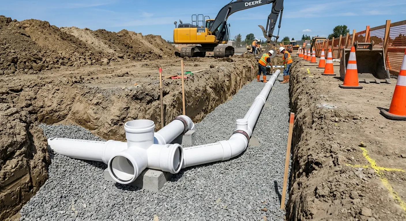 New PVC sewer pipe installation in open trench for Commercial Drain Cleaning in Kosciusko