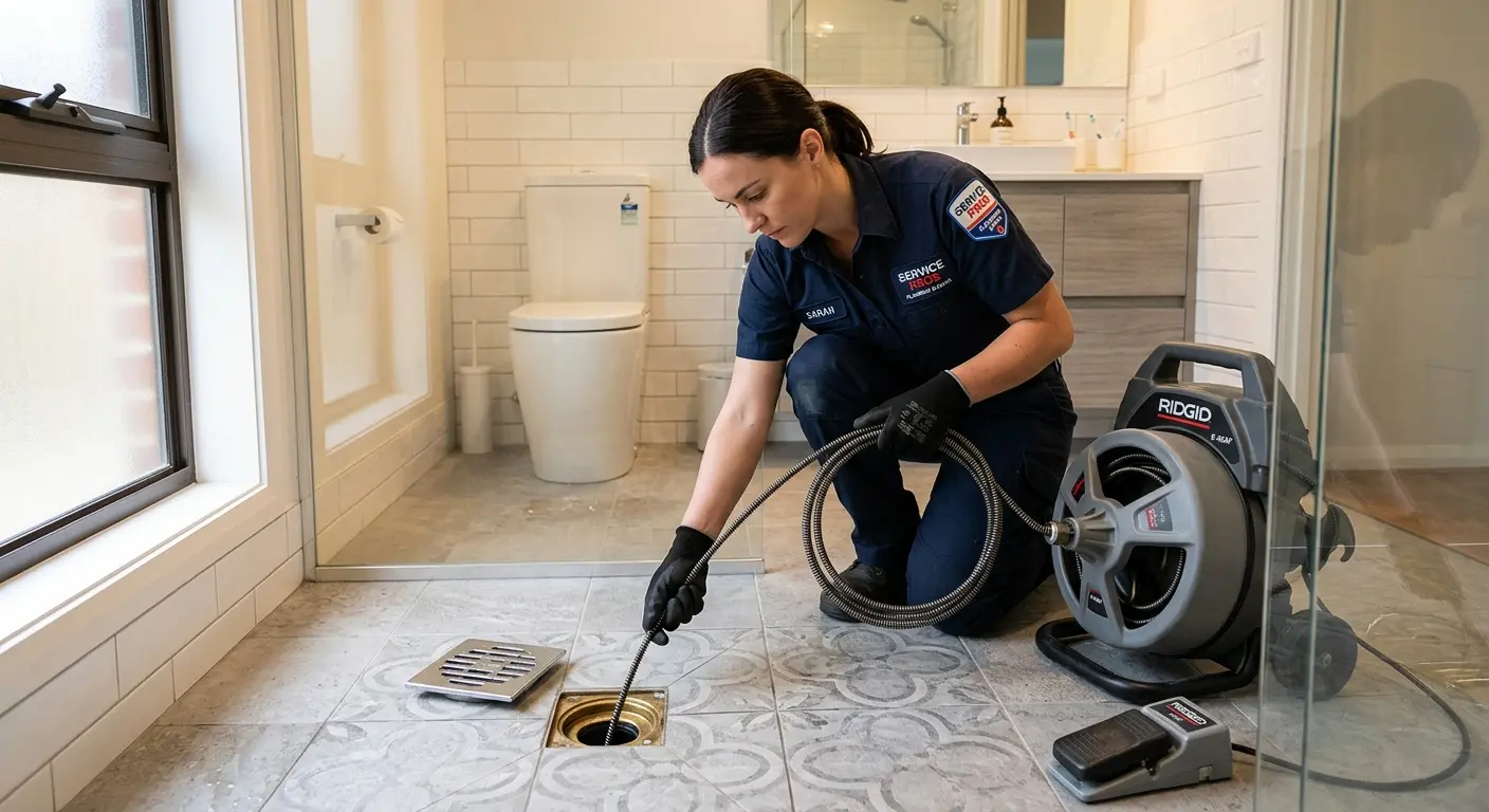 Technician clearing a bathroom floor drain for Hydro Jetting in Kosciusko